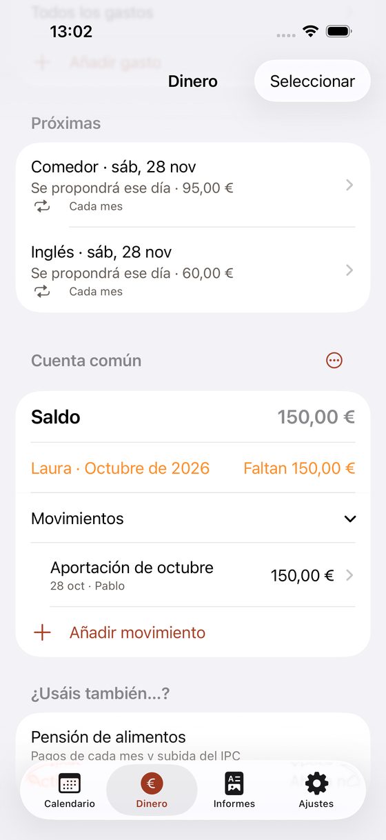 Cuenta común con el saldo, la aportación que falta y los movimientos