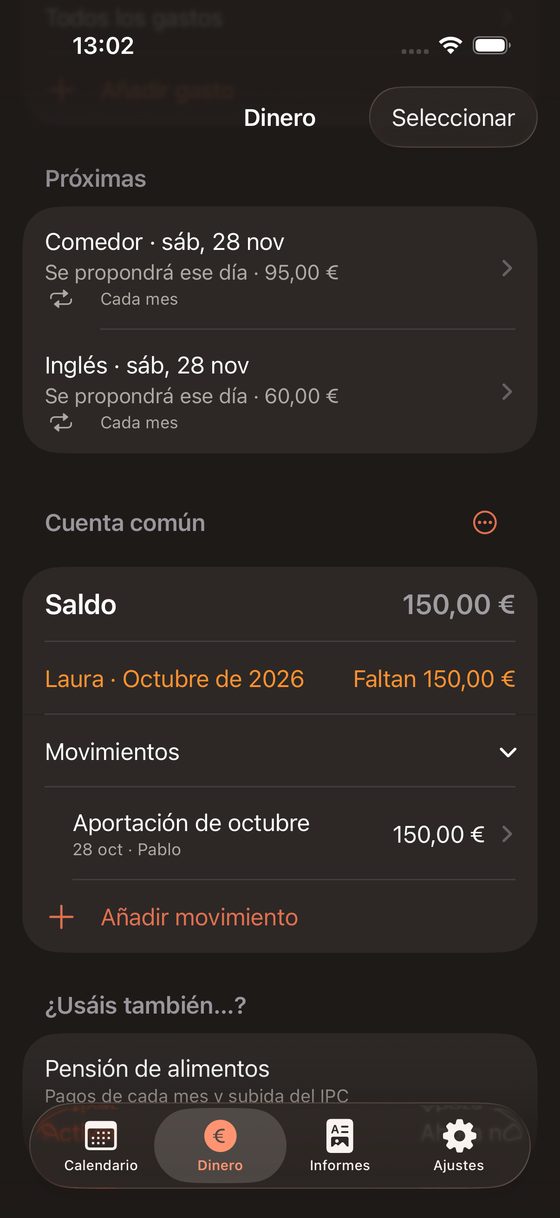 Cuenta común con el saldo, la aportación que falta y los movimientos
