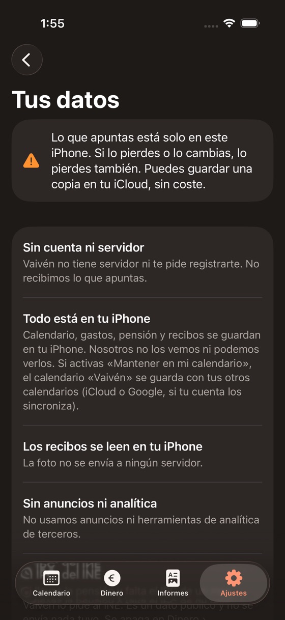Pantalla Tus datos de Vaivén: sin cuenta ni servidor, todo está en tu iPhone