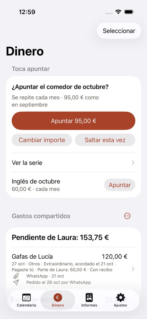 Pantalla Dinero con el texto en tamaño normal: pendiente de Laura 76,25 €