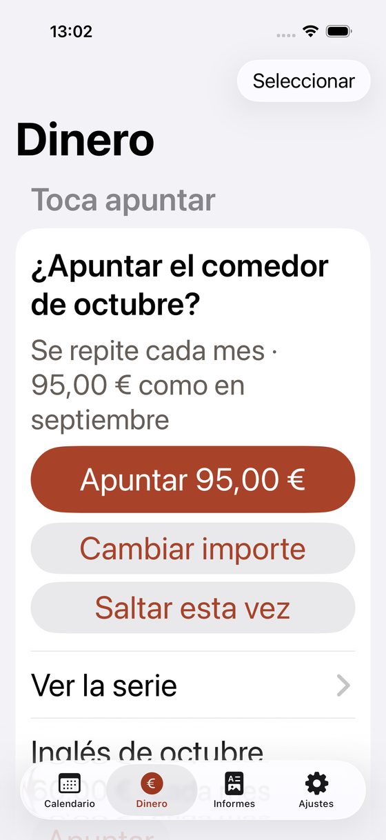 La misma pantalla Dinero con el texto en tamaño de accesibilidad: las filas se apilan y se lee todo