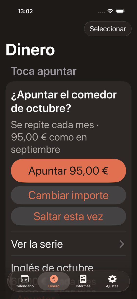 La misma pantalla Dinero con el texto en tamaño de accesibilidad: las filas se apilan y se lee todo
