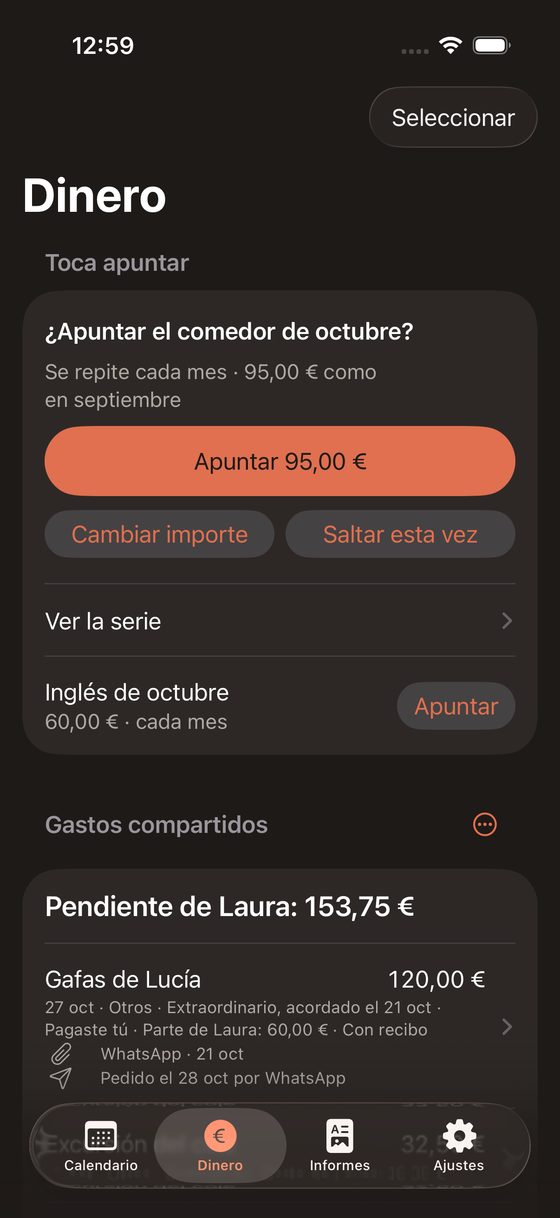 Pantalla Dinero con el texto en tamaño normal: pendiente de Laura 76,25 €