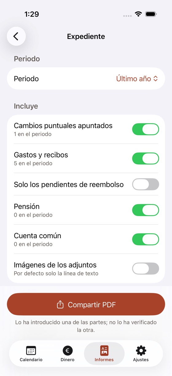 Pantalla del expediente con el periodo y lo que incluye