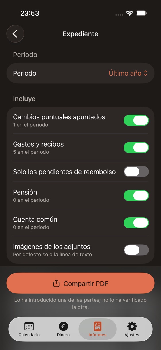 Pantalla del expediente con el periodo y lo que incluye
