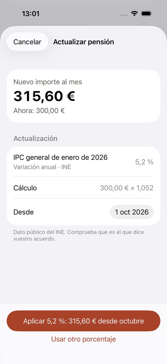 Hoja Actualizar pensión con el IPC del INE y el importe nuevo de la pensión