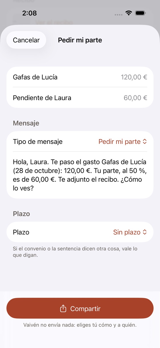 Pantalla Pedir mi parte con el mensaje ya escrito y el botón Compartir