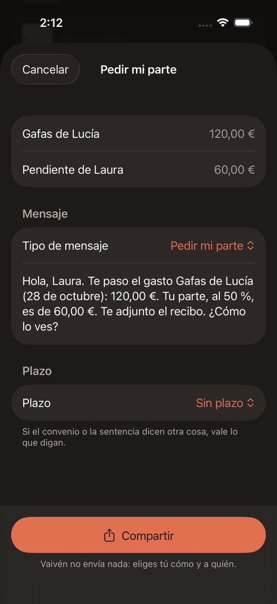 Pantalla Pedir mi parte con el mensaje ya escrito y el botón Compartir