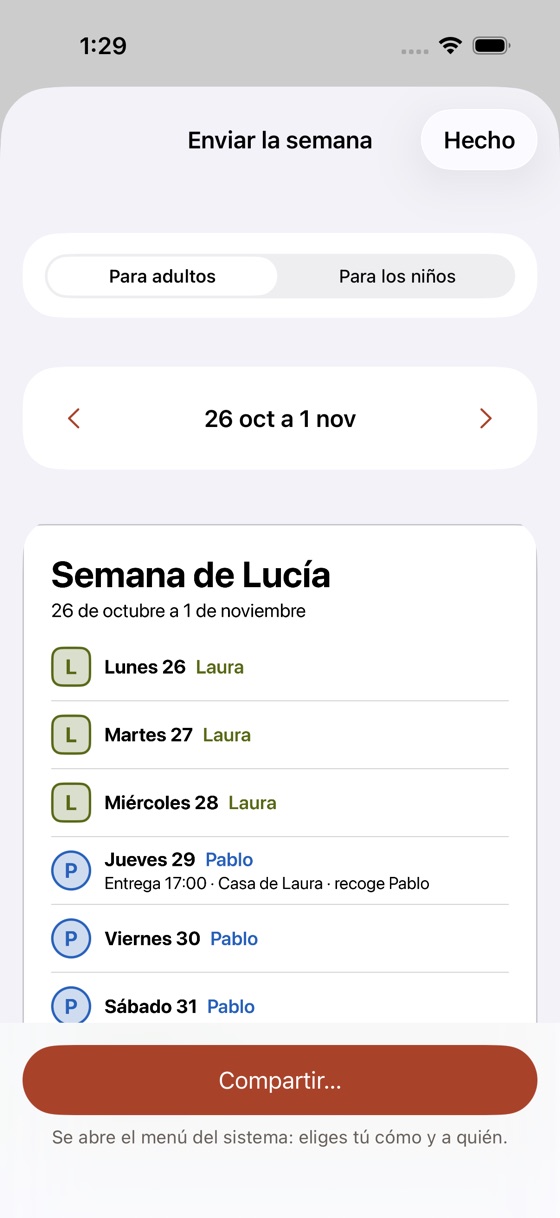 Pantalla Enviar la semana: la semana de Lucía, día a día, con quién está y la hora de la entrega