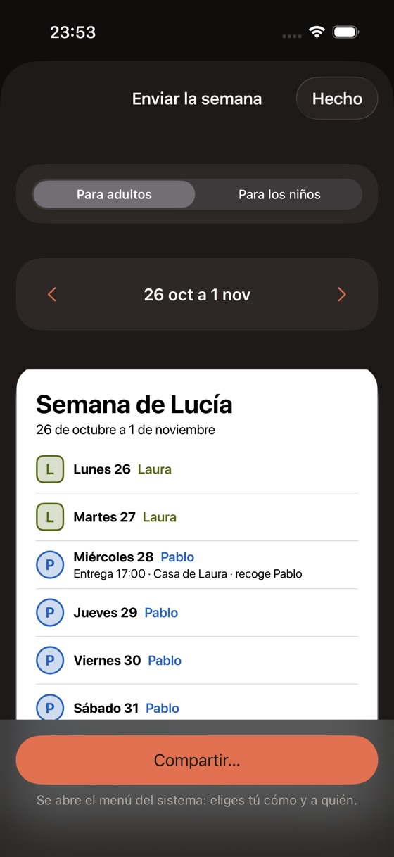 Pantalla Enviar la semana: la semana de Lucía, día a día, con quién está y la hora de la entrega